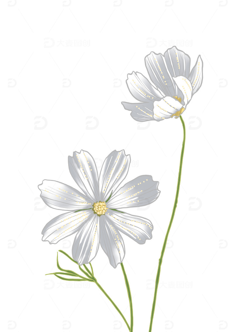 源文件下载【趣麦麦图】青色国潮花卉线稿手绘图