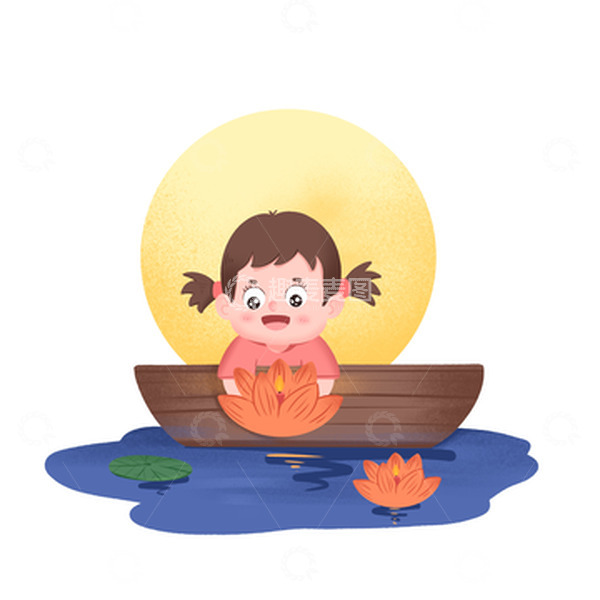 源文件下载【趣麦麦图】手绘中元节女孩在湖边放花灯