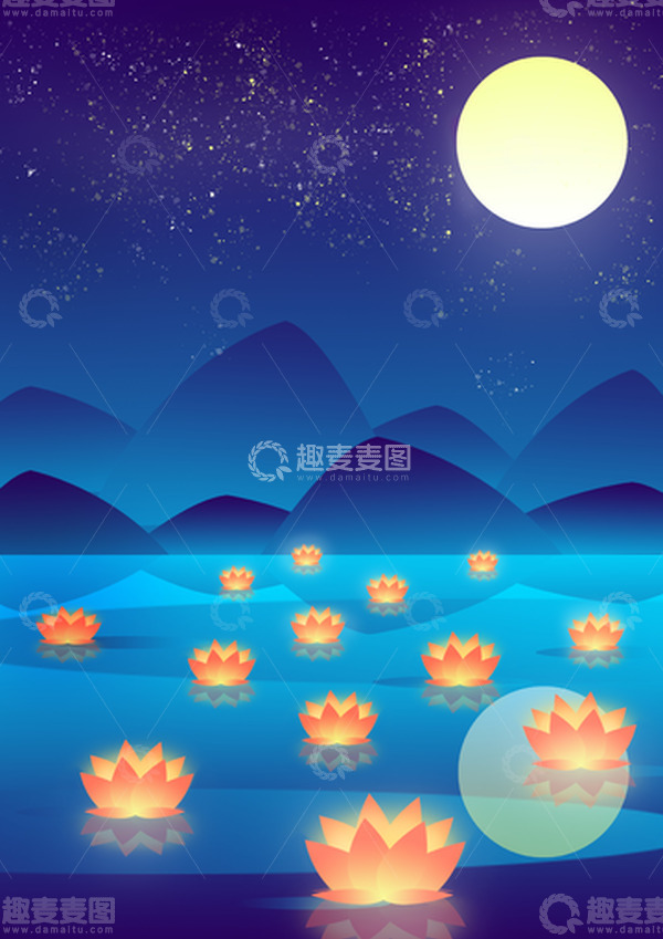 源文件下载【趣麦麦图】中元节扁平插画渐变背景