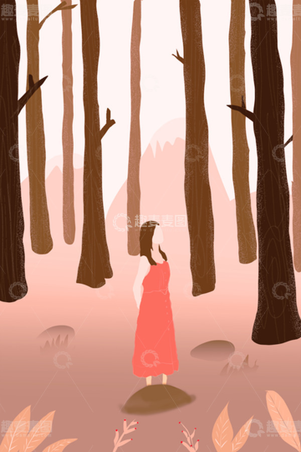 源文件下载【趣麦麦图】深色树林插画女孩森林分层背景图