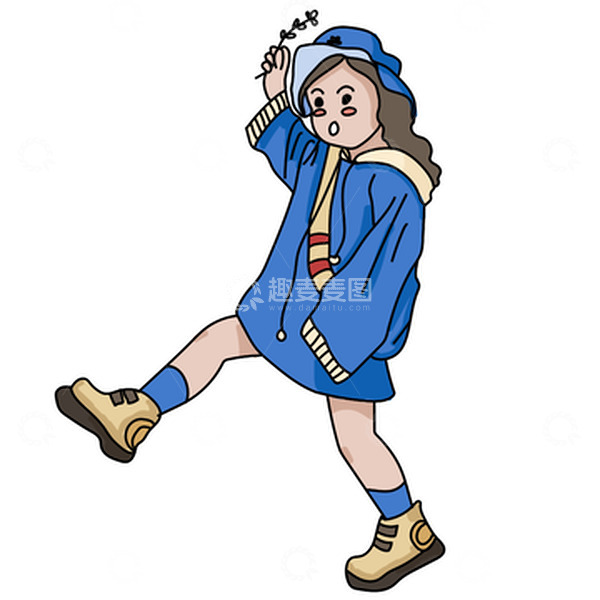 源文件下载【趣麦麦图】-蓝色平涂郊游的小女孩手绘图