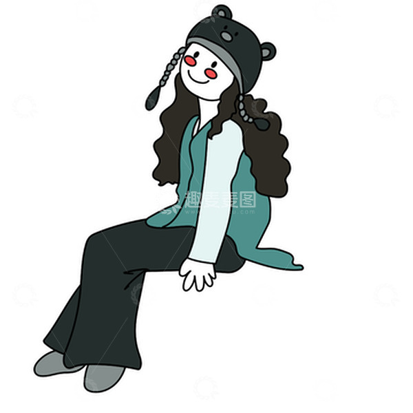 源文件下载【趣麦麦图】-白皮肤绿衣服扁平风坐着小女孩手绘图
