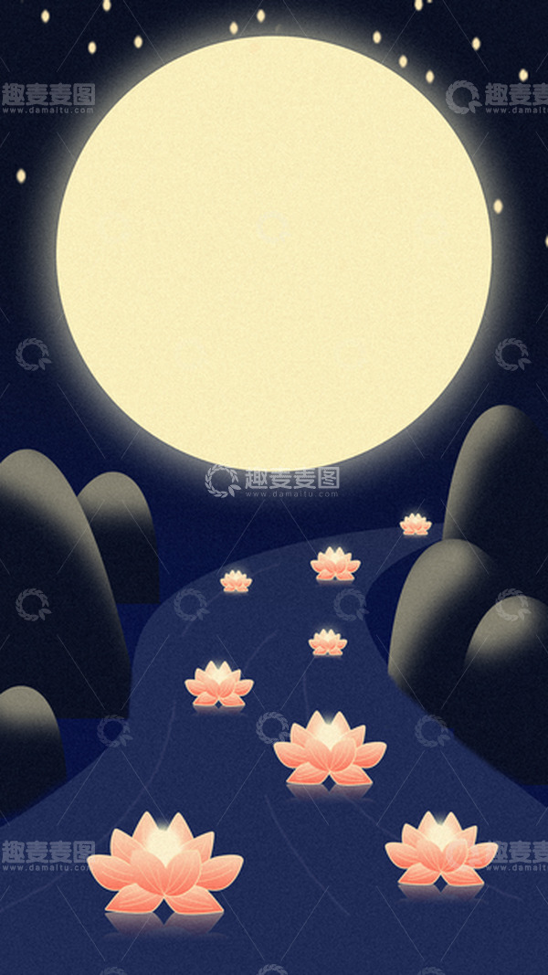 源文件下载【趣麦麦图】中元节手绘放河灯背景元素
