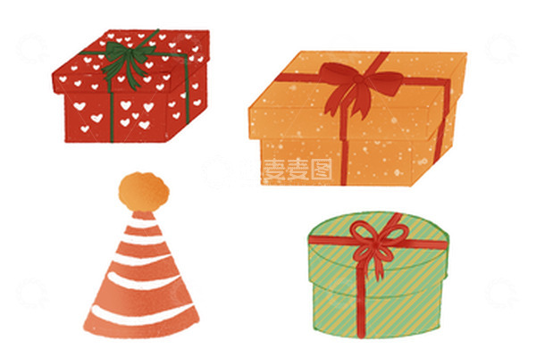 源文件下载【趣麦麦图】手绘节庆彩色爱心礼物礼盒花帽手账电商贴纸