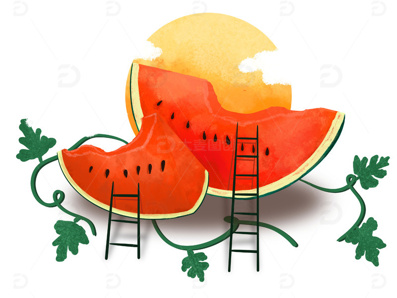 红色小清新夏日西瓜手绘插画