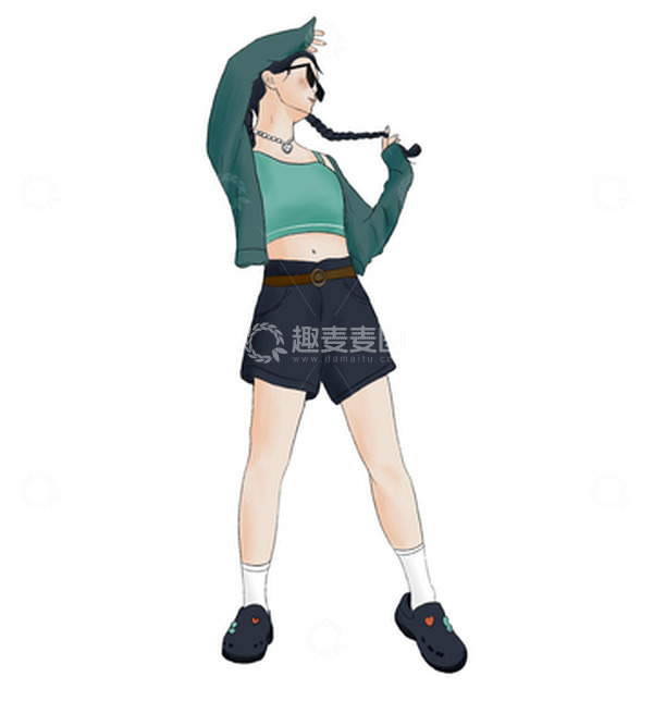 源文件下载【趣麦麦图】绿色清新手绘夏日站立女孩