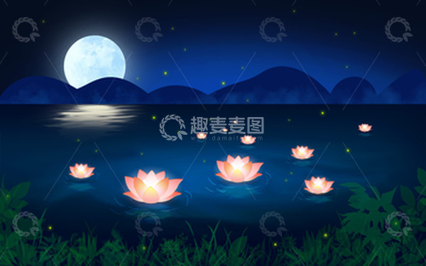 源文件下载【趣麦麦图】蓝色中元中秋荷花手绘背景