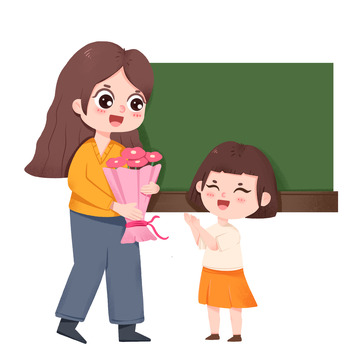 手绘学生给老师献鲜花元素
