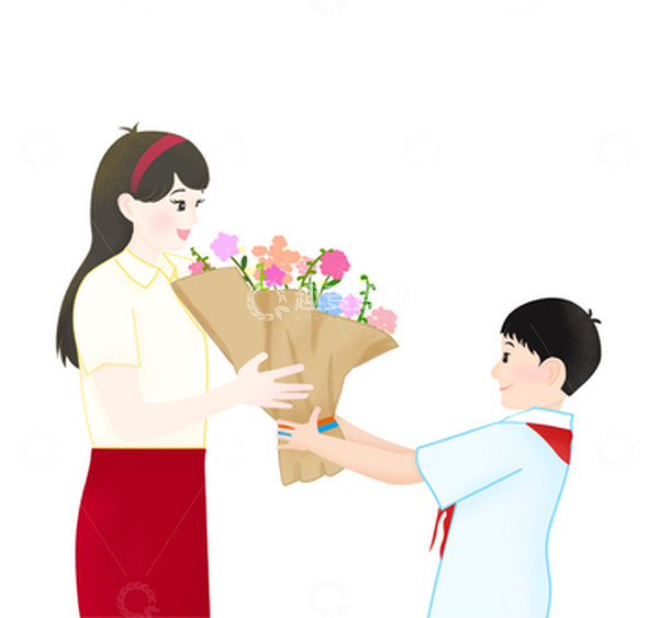 源文件下载【趣麦麦图】红色商插风教师节师生送花手绘元素