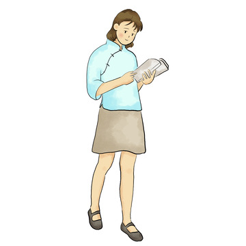 民国女生学生看书上学开学走路手绘