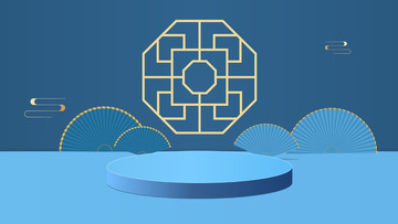 青色电商国潮扇子海报banner展台