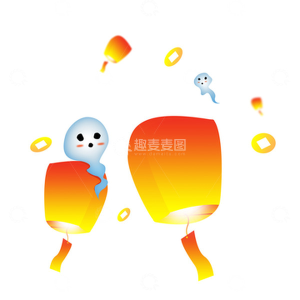 源文件下载【趣麦麦图】中元节鬼怪漂浮在灯笼上手绘元