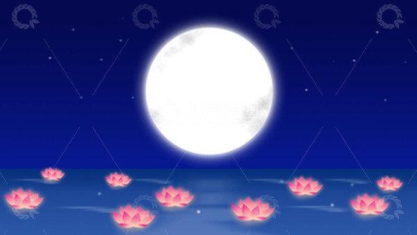 源文件下载【趣麦麦图】中元节祭祖祈福水月镜花河灯插画背景