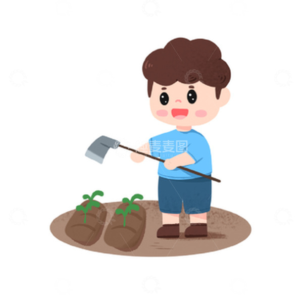 源文件下载【趣麦麦图】-男孩在田里认真锄地干活