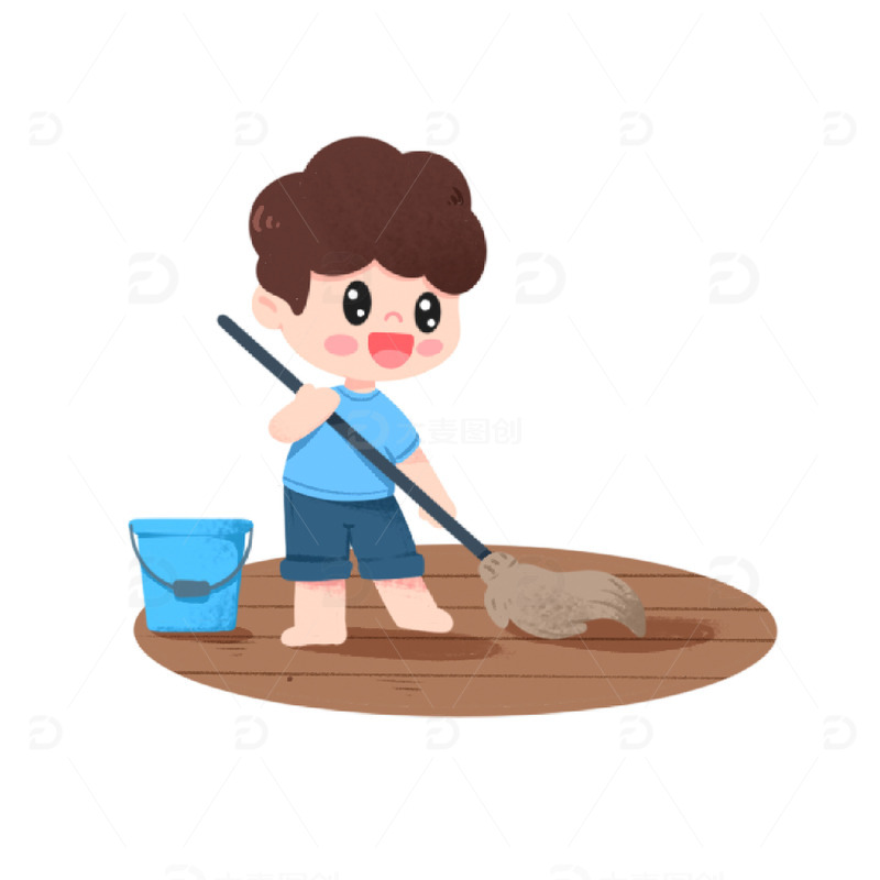 男孩认真勤劳打扫家庭卫生
