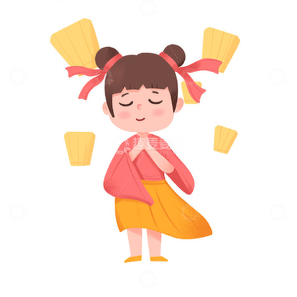 源文件下载【趣麦麦图】中元节女孩在孔明灯下祈福
