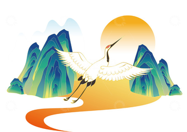 源文件下载【趣麦麦图】国潮渐变山水仙鹤矢量插画