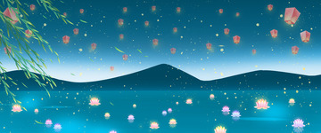 放河灯青绿色电商背景