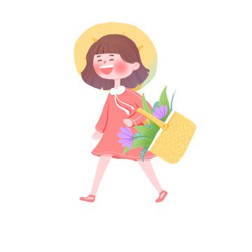 手绘卡通女孩子逛街开心购物植物花卉