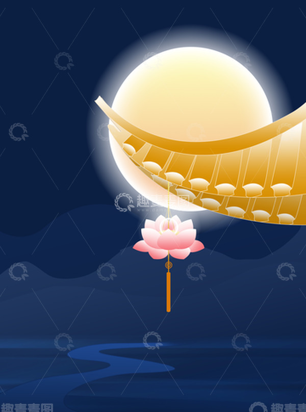 源文件下载【趣麦麦图】深色中元节七月半简约花灯屋檐背景