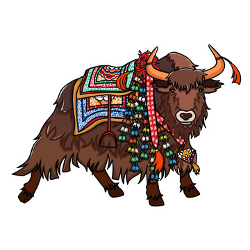 彩色棕毛手绘卡通牦牛插图