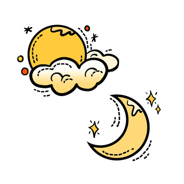 复古风描边太阳月亮元素