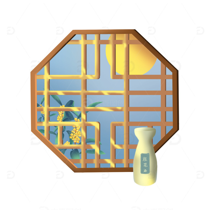 手绘中秋窗外月色