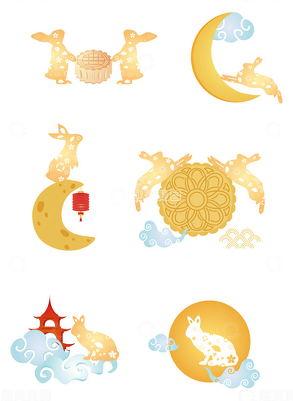 源文件下载【趣麦麦图】中秋元旦兔年剪纸兔子月饼祥云元素