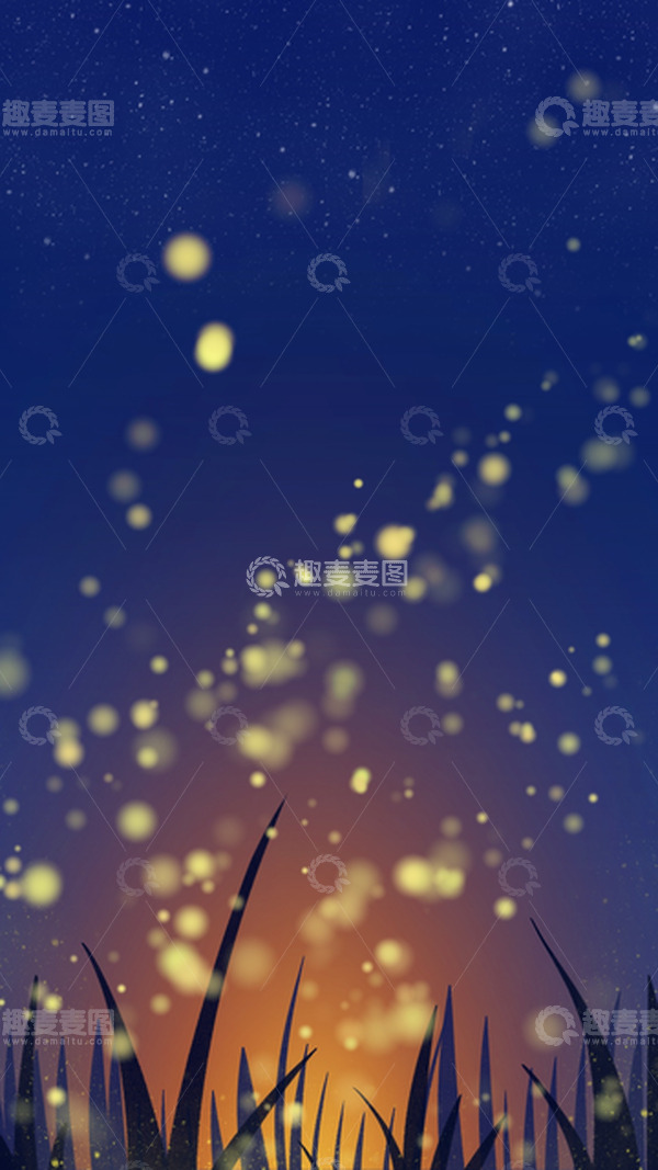 源文件下载【趣麦麦图】蓝色深夜篝火草地萤火虫氛围手绘背景