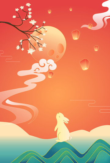 中秋国潮玉兔望月祥云背景