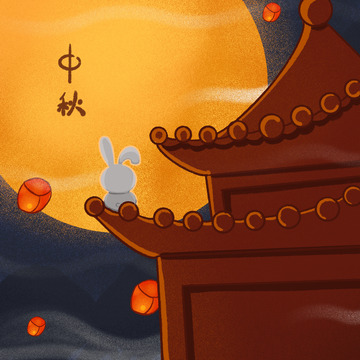 手绘中秋节圆月下的古楼