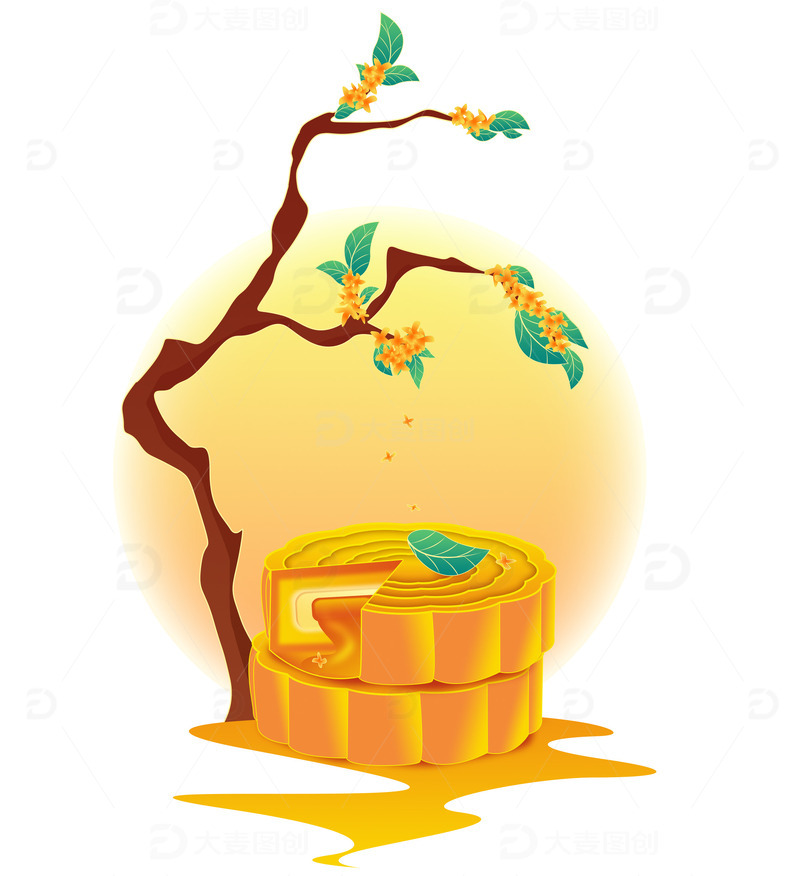 源文件下载【趣麦麦图】国潮风中秋节日月饼桂花手绘装饰元素