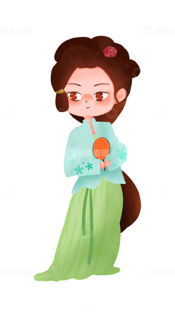 源文件下载【趣麦麦图】绿色蓝色卡通持扇女七夕中秋手绘元素