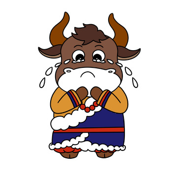 彩色手绘卡通牦牛哭泣