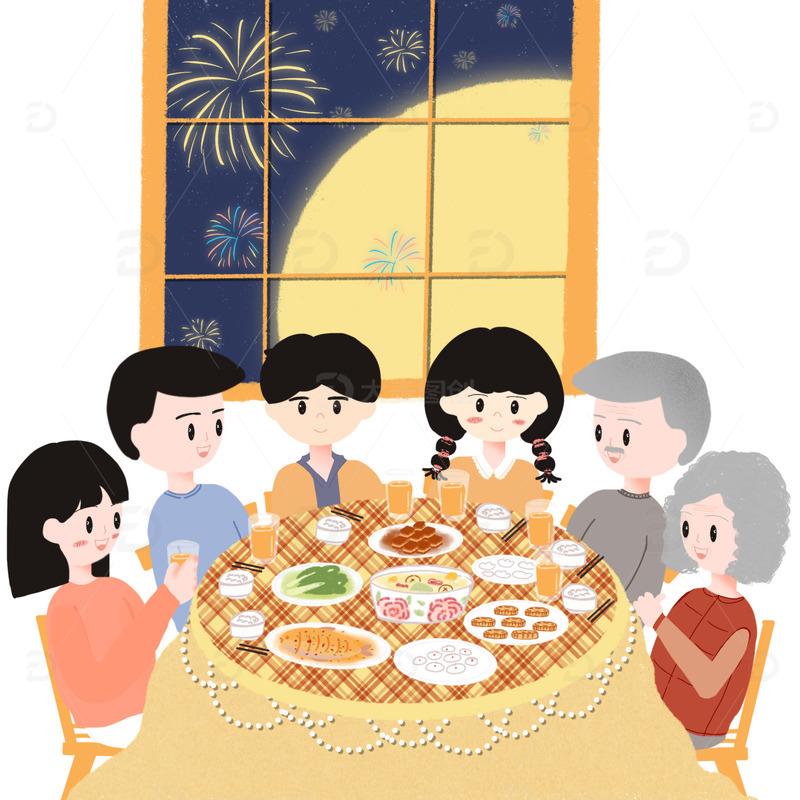源文件下载【趣麦麦图】手绘扁平风中秋节团聚家族聚餐烟花月亮插画