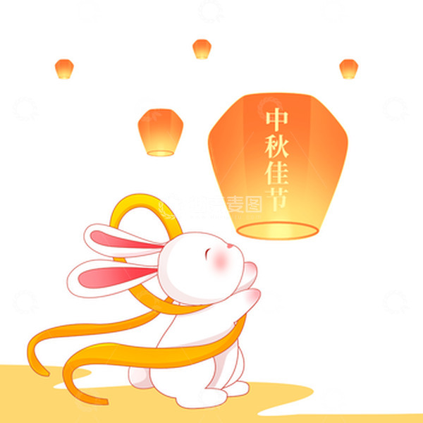源文件下载【趣麦麦图】中秋节玉兔放孔明灯插画场景组合元素
