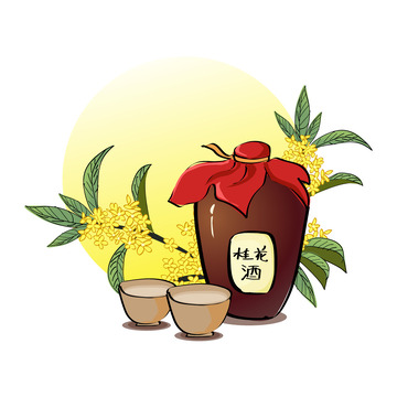 黄颜色背景创意中秋节桂花酒桂花月亮矢量图