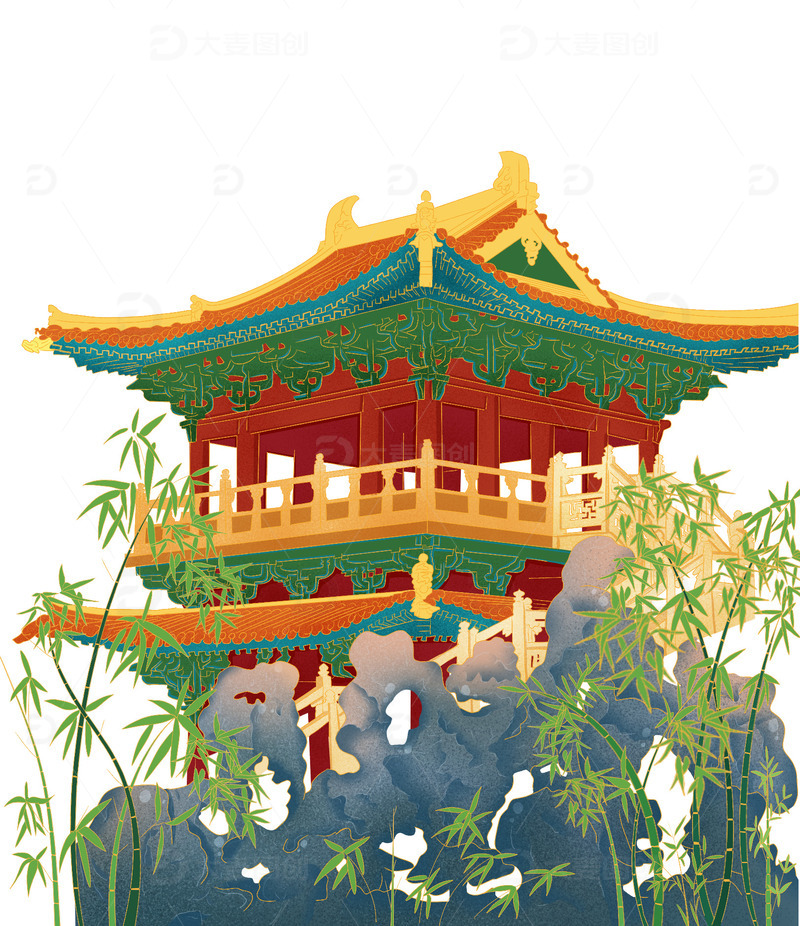 源文件下载【趣麦麦图】国潮风园林小亭素材