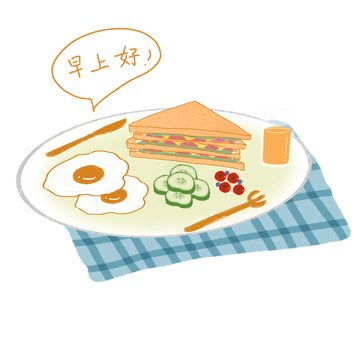 手绘简约早餐三明治煎蛋西红柿果汁餐具贴纸