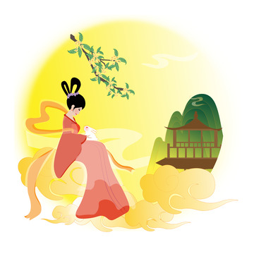 暖色调中秋精品素嫦娥月宫插画元素