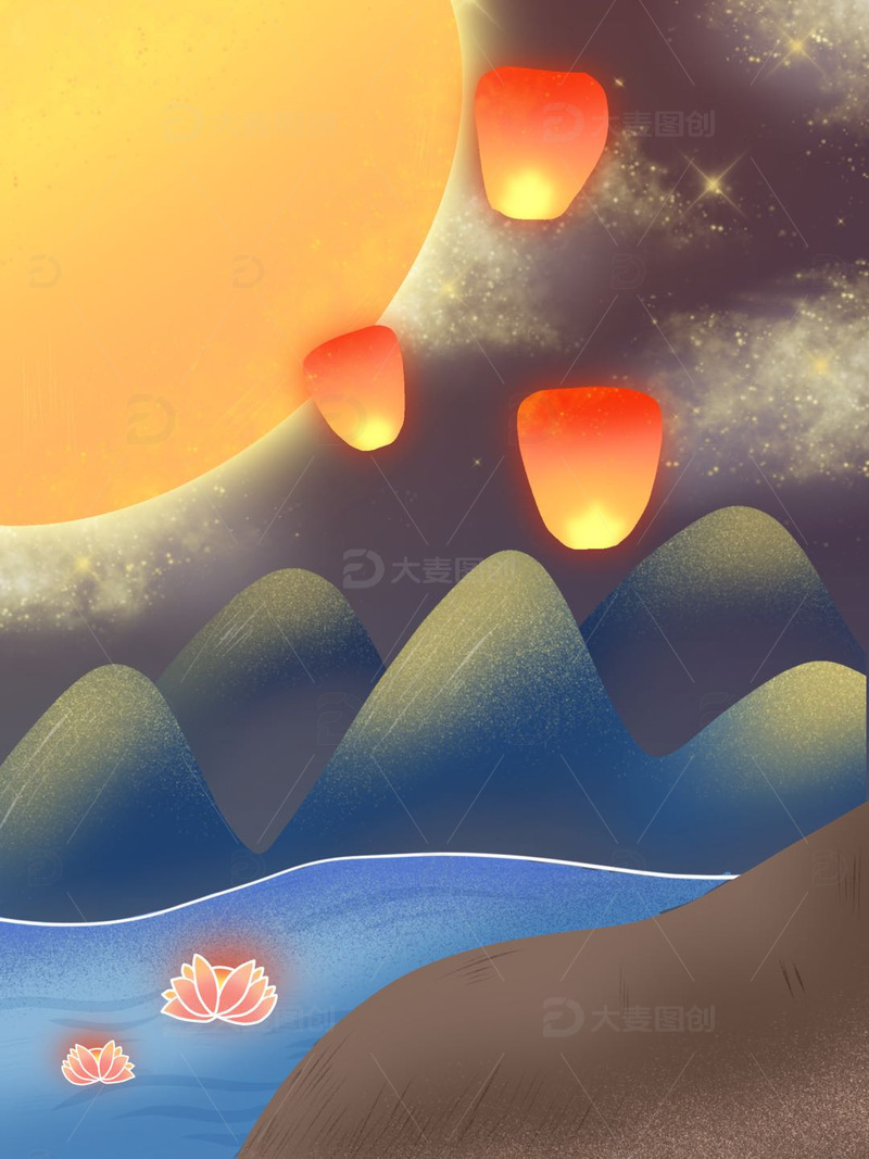 源文件下载【趣麦麦图】中元节孔明灯七月十五祈福祭祀背景图