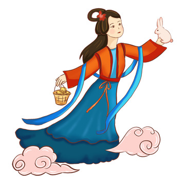 嫦娥篮子月饼兔子云朵飞天中秋节手绘原创