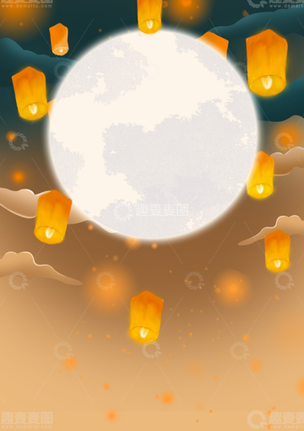 源文件下载【趣麦麦图】中国风中秋节天空月亮满月灯笼孔明灯背景