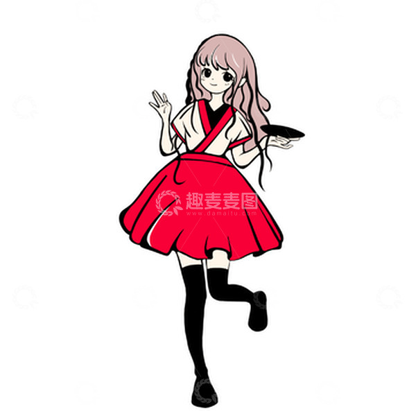 源文件下载【趣麦麦图】红色小清新女孩托盘手绘图