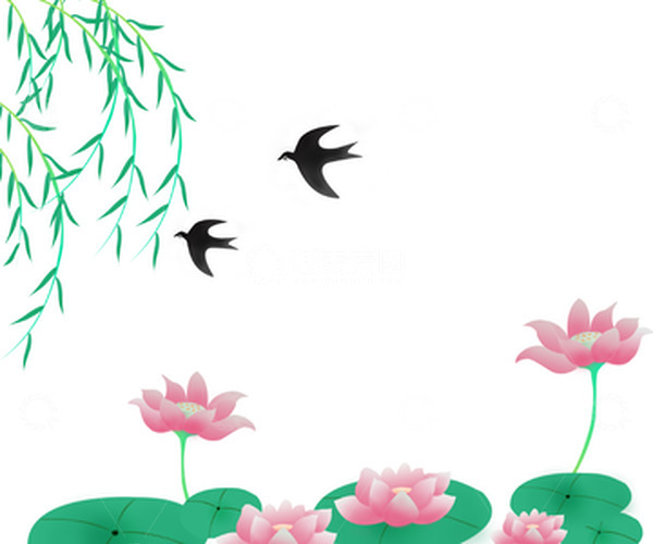 源文件下载【趣麦麦图】-荷花柳树燕子清新风格莲花