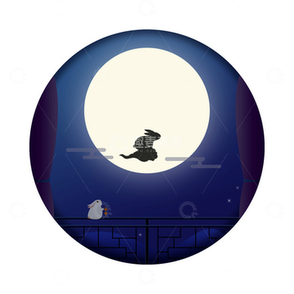 源文件下载【趣麦麦图】蓝色扁平中秋月夜中秋节精品素材插画