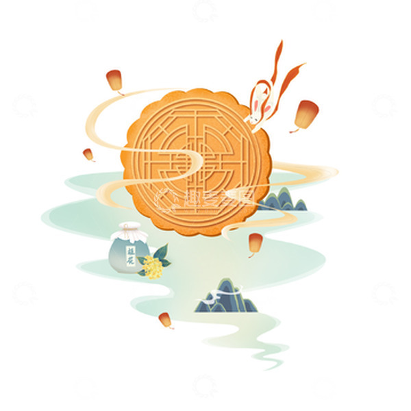 源文件下载【趣麦麦图】手绘国潮中式中秋月饼山水玉兔桂花酒