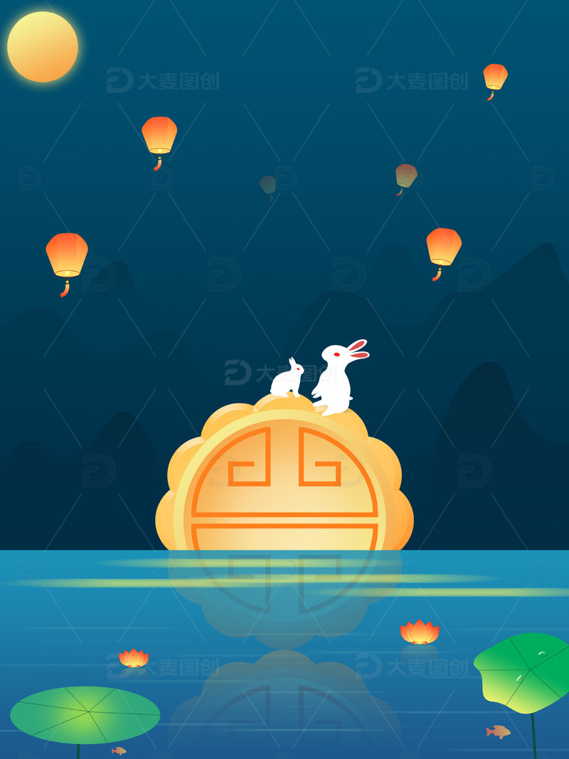 源文件下载【趣麦麦图】-八月十五中秋节插画月饼山水背景