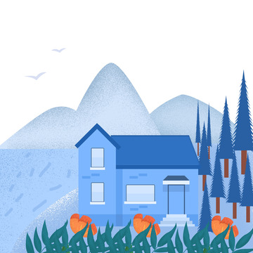 蓝色小清新湖边房屋