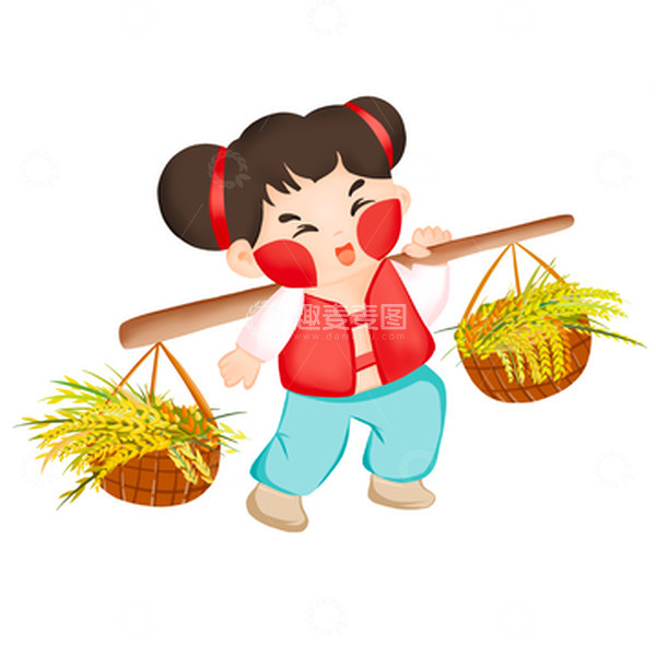 源文件下载【趣麦麦图】挑着装有稻谷的扁担的小孩手绘图